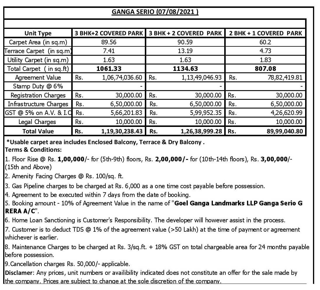 Ganga Serio Price List