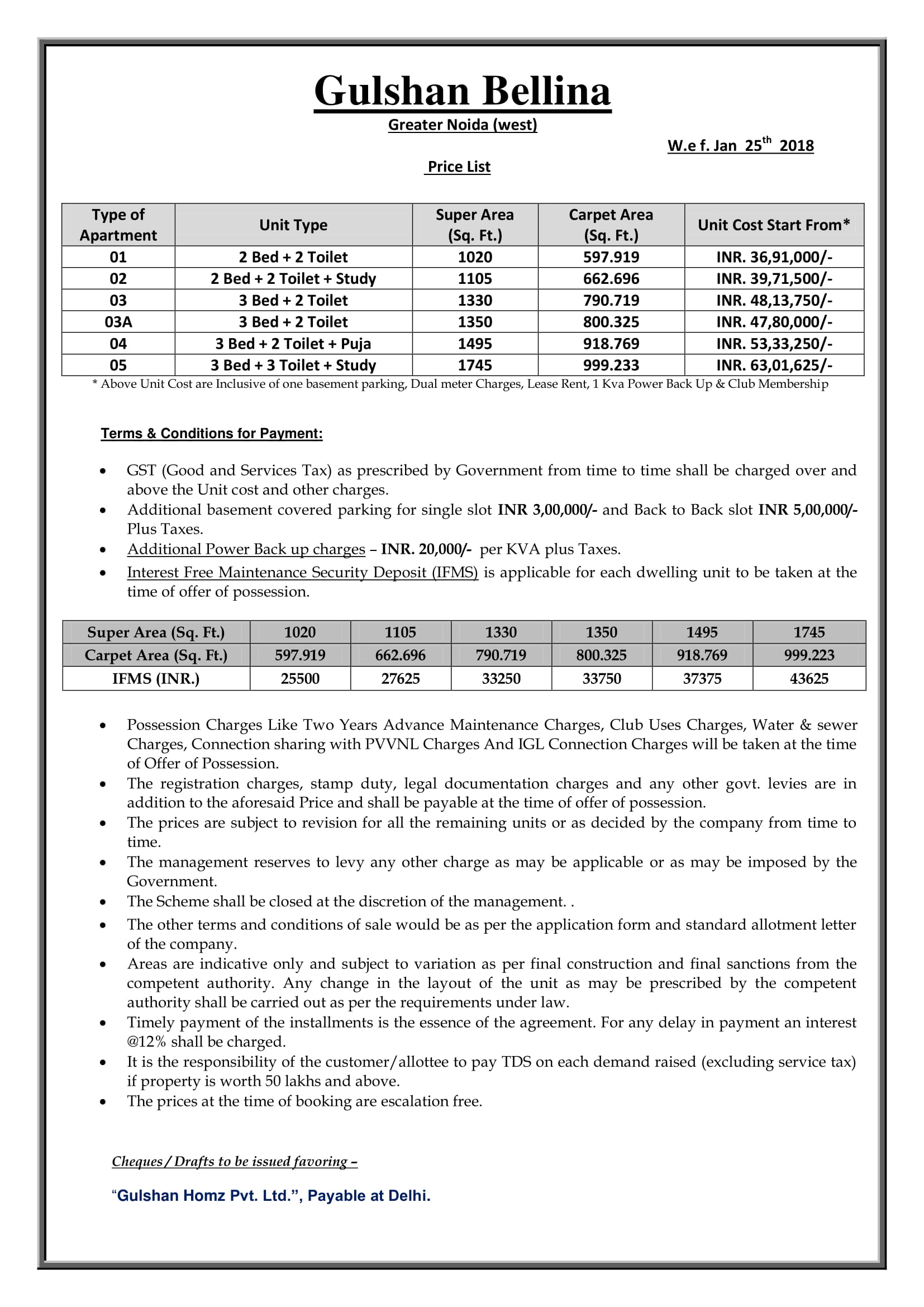 Gulshan Bellina Price List