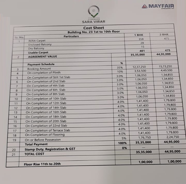 Mayfair Sara Virar Price List