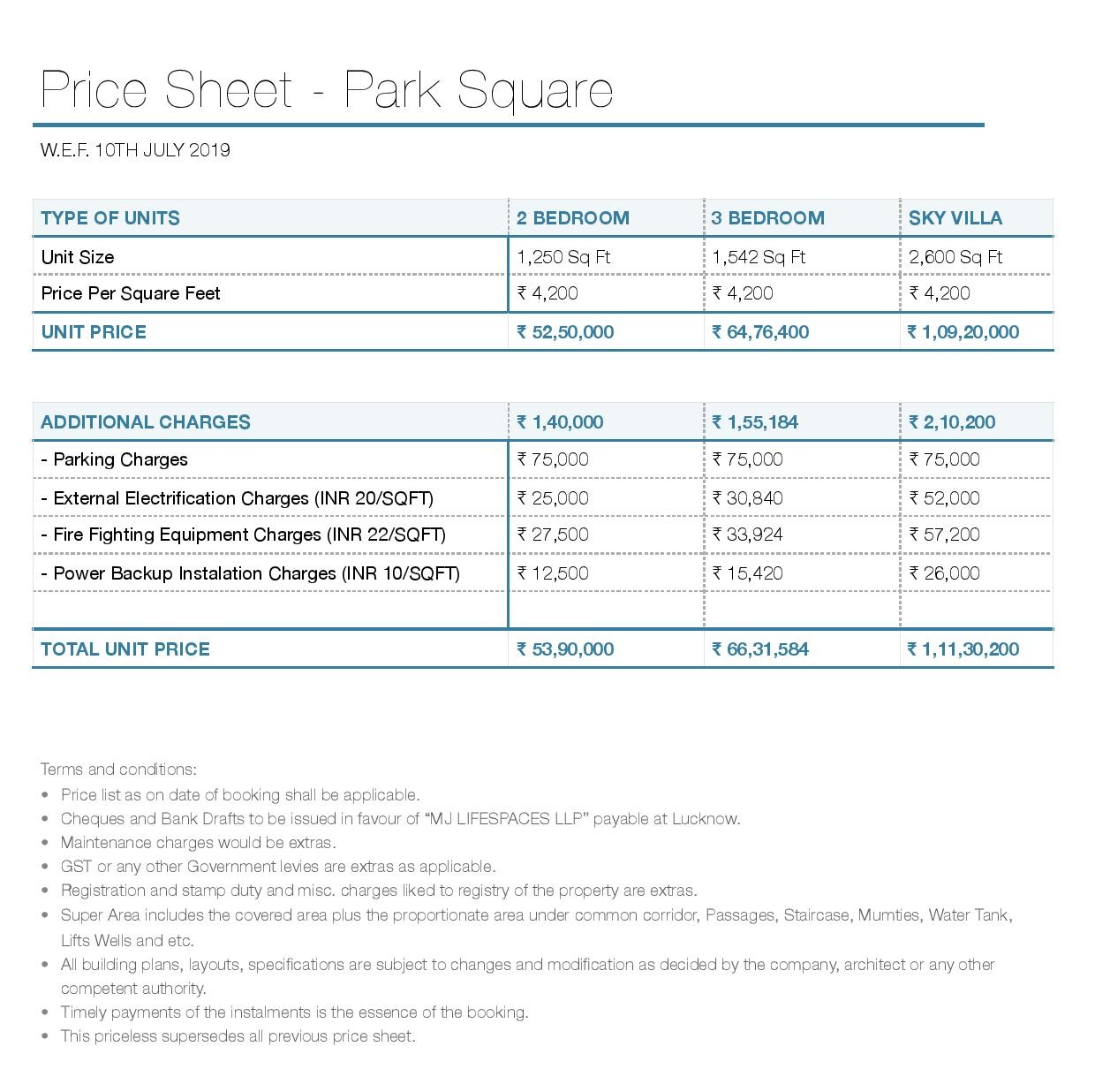 Mj Park Square Price List