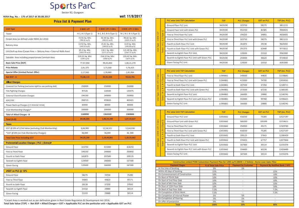 Sare Sports Parc Price List