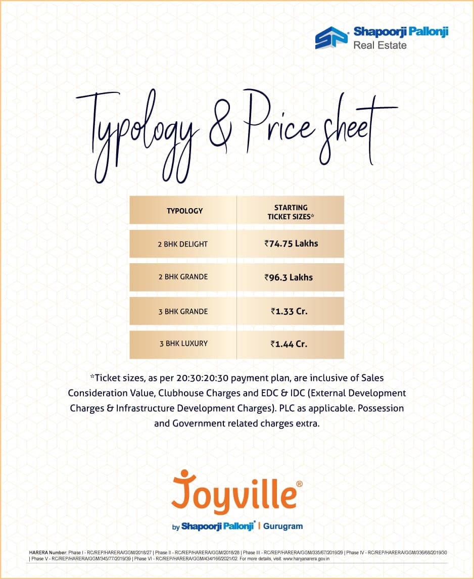 Shapoorji Pallonji Joyville Gurgaon Price List